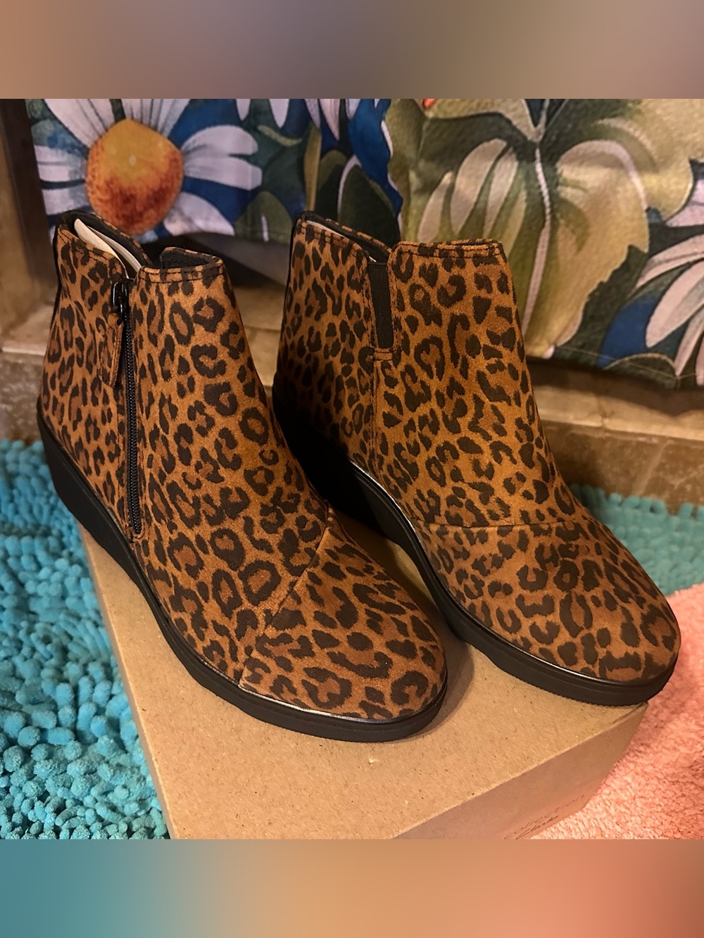 New With Box -Clarks Leopard Print Ankle Wedge Booties - Brown/Black
